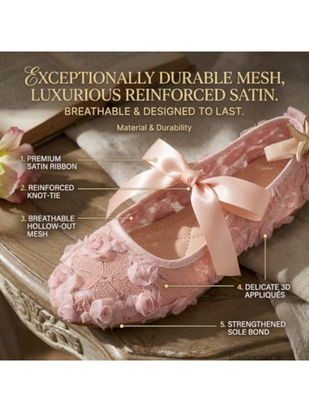 Lace Ballet Flats with 3D Rose Flowers & Ribbon Bowknot, Breathable Mesh Mary - Picture 2 of 6